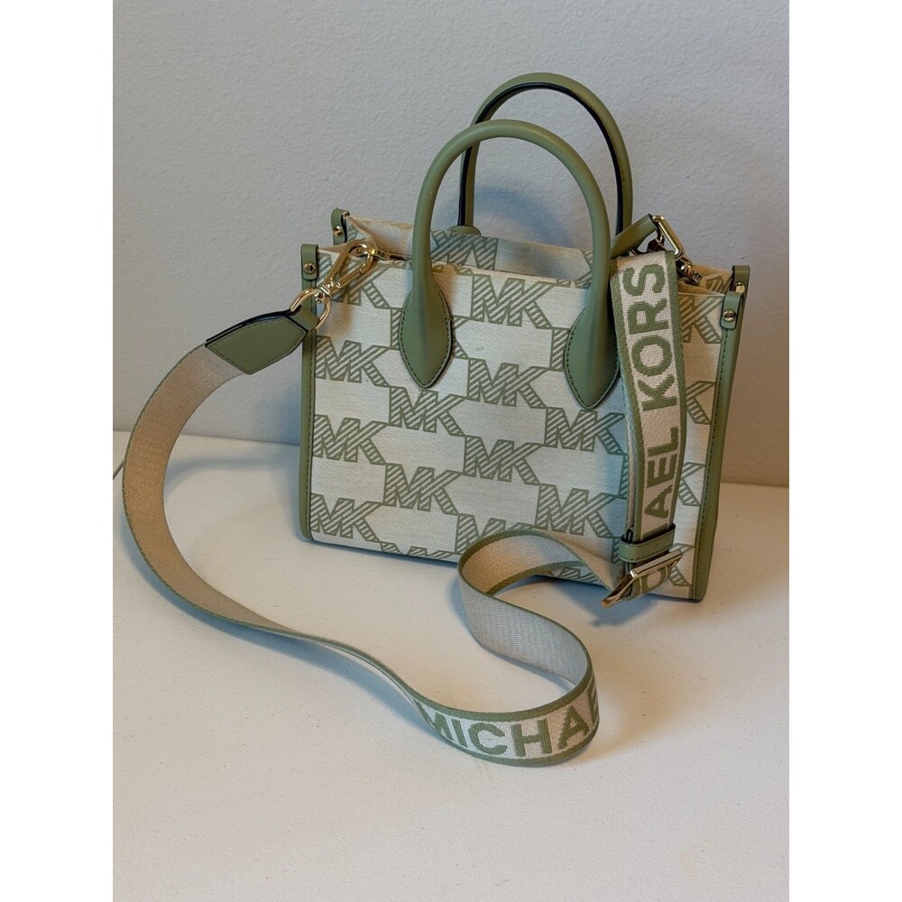 Michael Kors Mirella Small Jacquard Tote Crossbody Bag MK Graphic Logo Green - Picture 5 of 13
